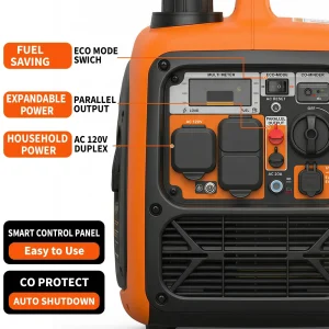 4500W Portable Inverter Generator Gas Powered For Home Camping RV Quiet CO Sensor USB Ports 1.59Gal Tank RV Ready - Thumbnail Image 4