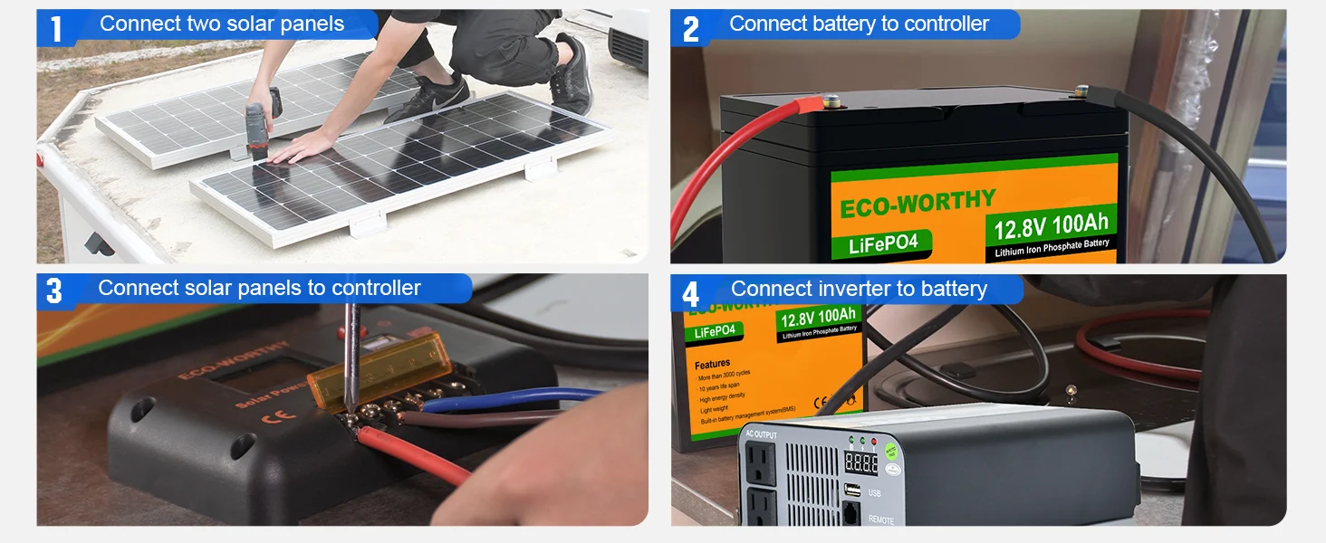 ECO-WORTHY 200W Solar Panel Kit 2pcs 100W Solar Panel + 30A Charge Controller + 100Ah Battery + 1100W Premium Solar Inverter - Image 8