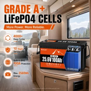 Buknuwo M8 24V 100Ah LiFePO4 Battery With Bluetooth Built-in 100A BMS Support Low Temp Protection And 15000+ Deep Cycles IP65 Waterproof 25.6V 2560Wh Lithium Battery Pack for RV/ Marine/ Camper Van/ Home Backup/ Off-Grid Solar - Thumbnail Image 4