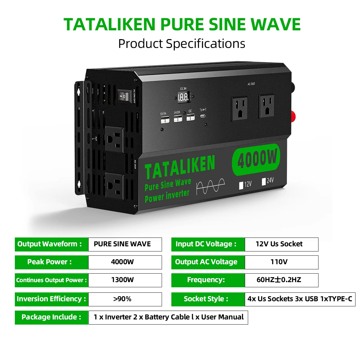 4000W/5000W/6000W Pure Sine Wave Inverter with US Outlets, Digital Display & 110V/60Hz Output - Image 6