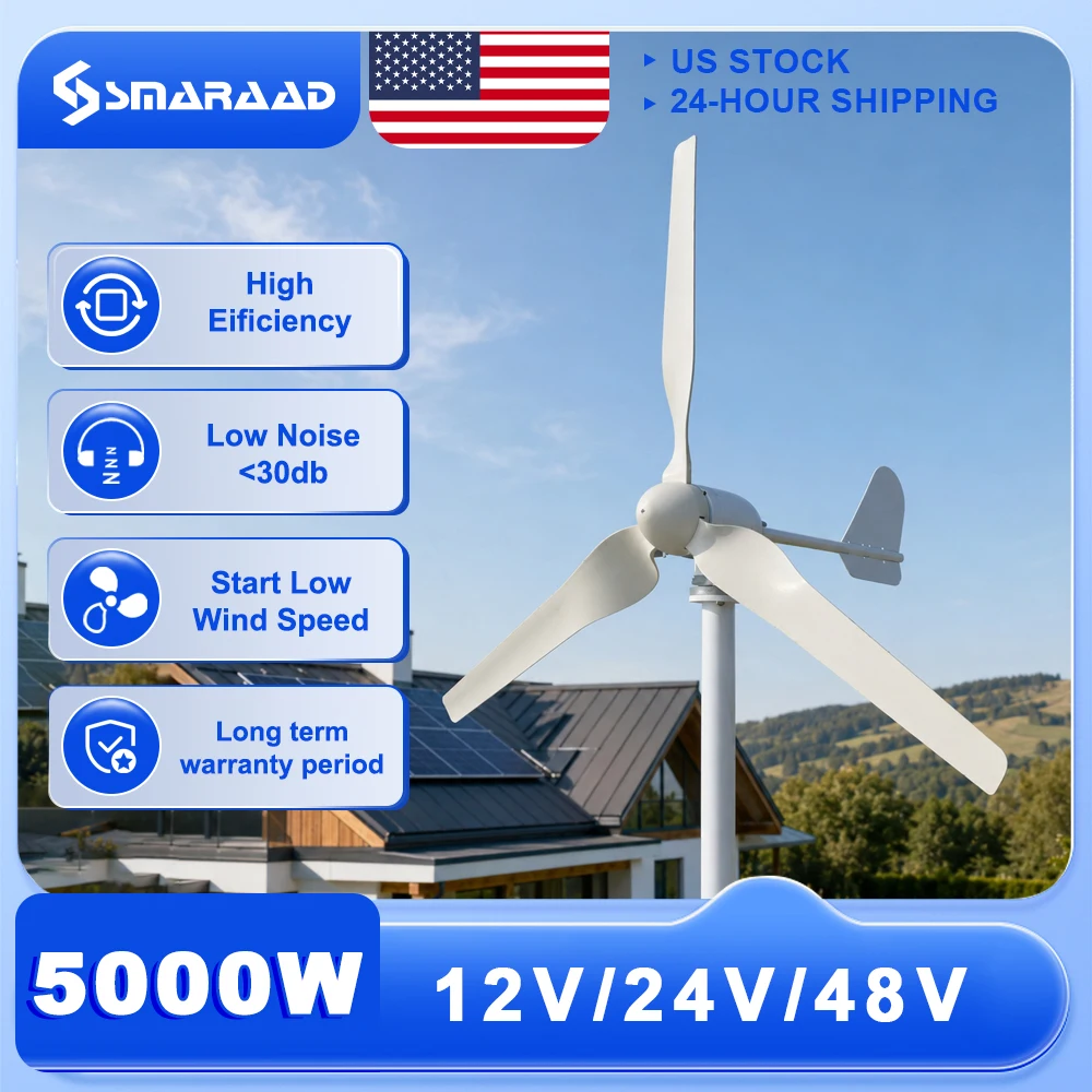 US 5000W Horizontal Wind Turbine 12V/24V/48V Low-Noise Household 220V Gentle Breeze Starter With Free Charging Controller - Image 1