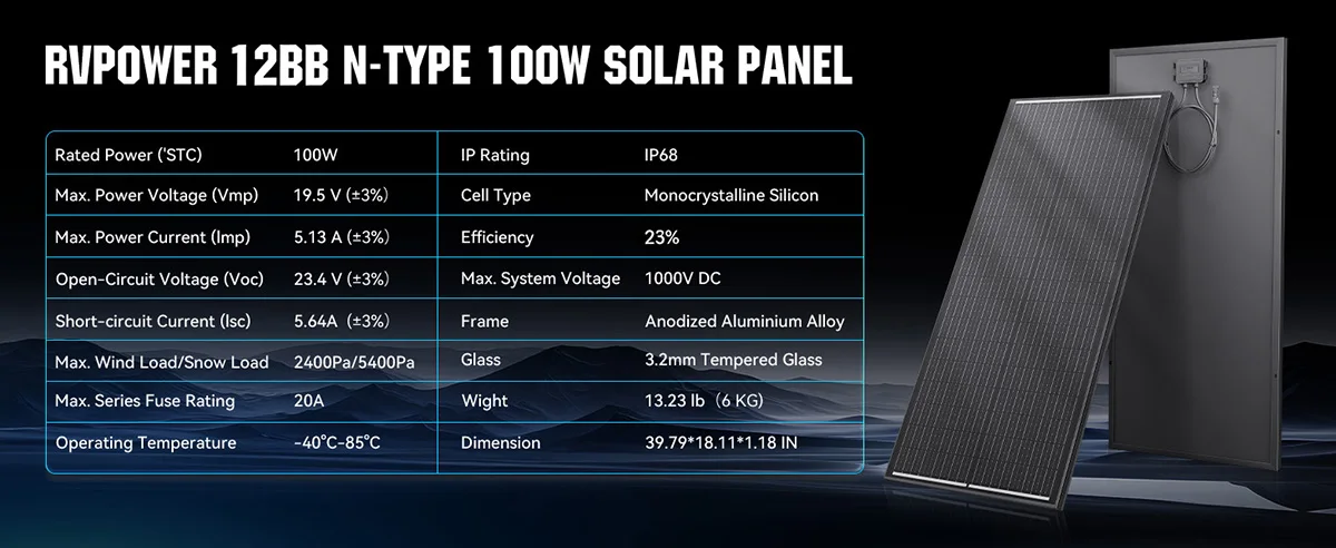 RVPOZWER 12BB Solar Panels 100W 12V N-Type Solar Cells Monocrystalline 23% High-Efficiency PV Power for Home Rooftop Outdoor - Image 9