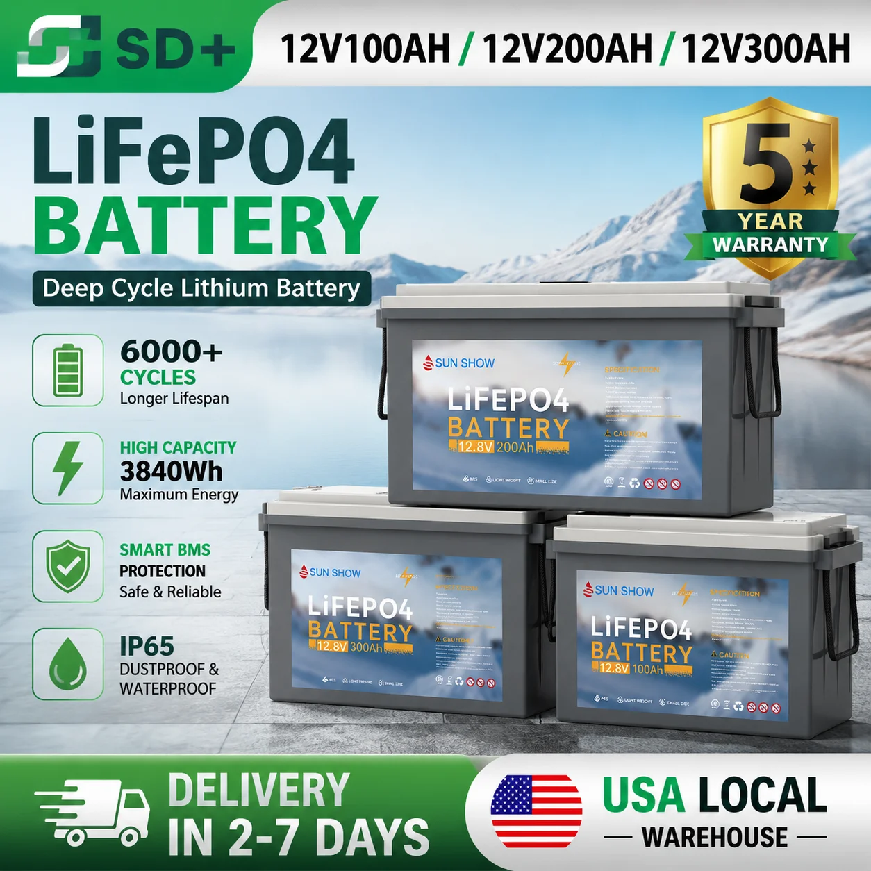 SANDISOLAR 300Ah LiFePO4 Battery 12.8V 3840Wh Lithium Iron Phosphate Battery Expandable for Home Solar Energy Storage - Image 1