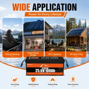 Buknuwo M8 24V 100Ah LiFePO4 Battery With Bluetooth Built-in 100A BMS Support Low Temp Protection And 15000+ Deep Cycles IP65 Waterproof 25.6V 2560Wh Lithium Battery Pack for RV/ Marine/ Camper Van/ Home Backup/ Off-Grid Solar - Thumbnail Image 7